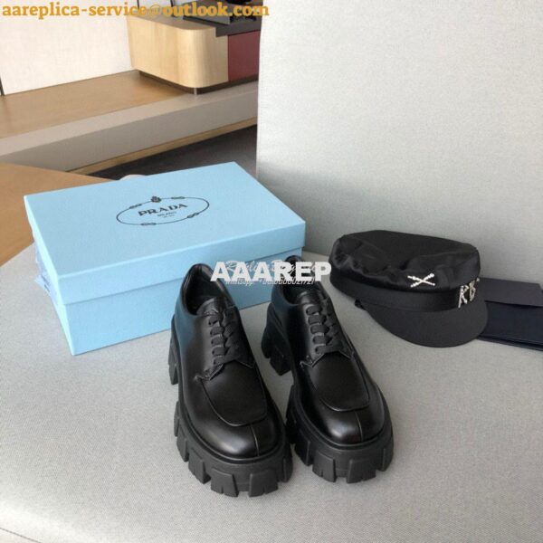 Replica Prada Monolith Brushed Leather Lace-Up Shoes 1E708L Black 5