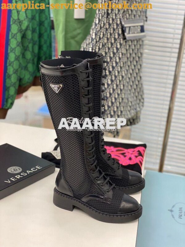 Replica Prada Brushed leather and mesh boots 1W907M Black 4