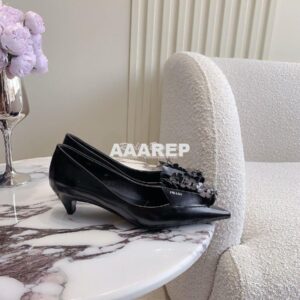 Replica Prada Brushed Leather Pumps With Floral Appliqués 1I300N 2