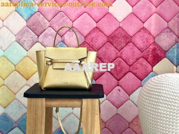 Replica Celine Nano Belt Bag in Gold Laminated Grained Calfskin 185003 12