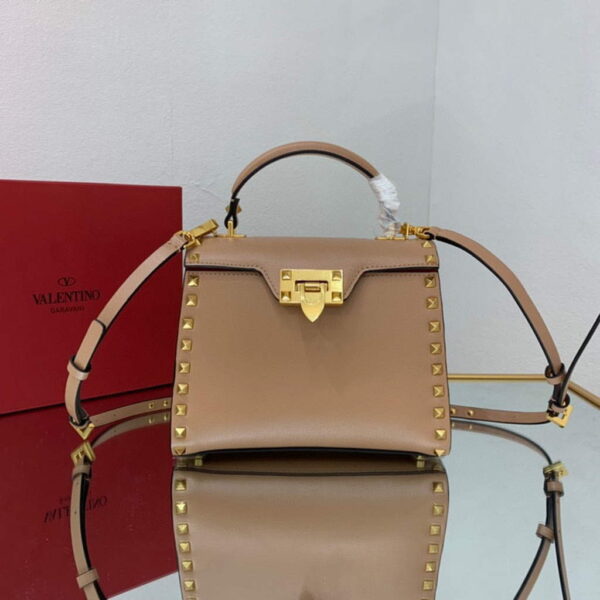 Replica Valentino 71000 Small Rockstud Alcove Handbag In Grainy Calfskin XW2B0J71 Apricot 3