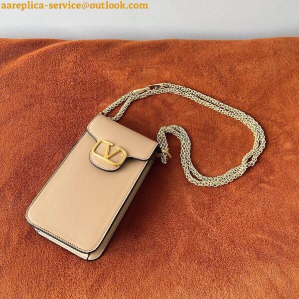 Replica Valentino Loco Phone Case in Beige Leather with Chain 9