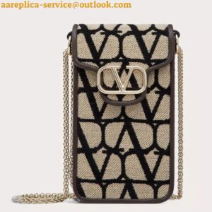 Replica Valentino Loco Phone Case in Black Toile Iconographe with Chain