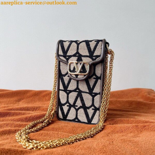 Replica Valentino Loco Phone Case in Black Toile Iconographe with Chain 12