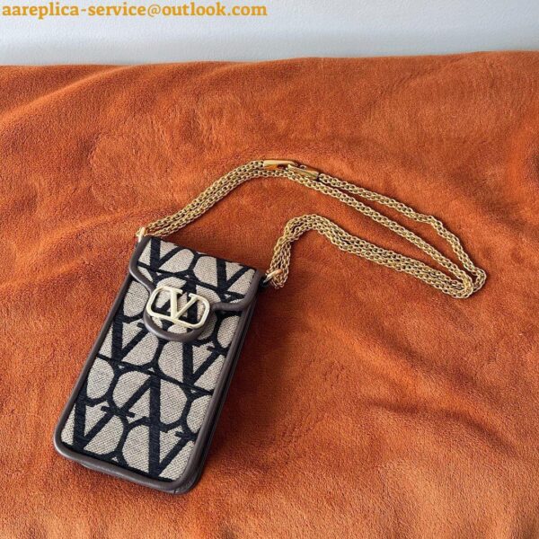 Replica Valentino Loco Phone Case in Black Toile Iconographe with Chain 13