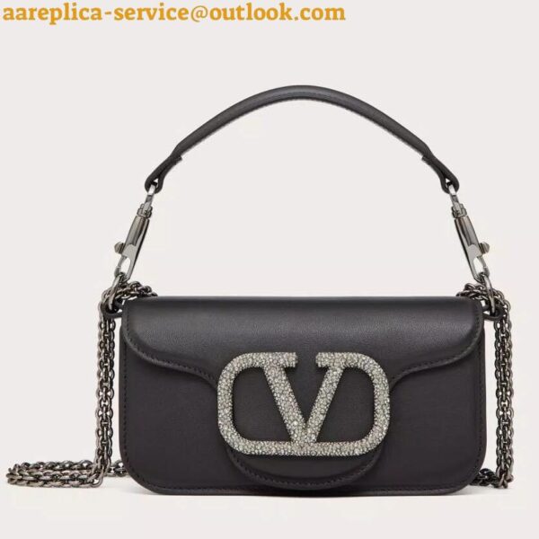 Replica Valentino Small Loco Shoulder Black Bag with Crystals Logo 3