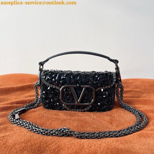 Replica Valentino Small Loco Shoulder Black Bag with Crystals Logo 15