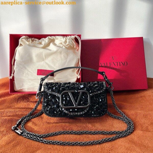 Replica Valentino Small Loco Shoulder Black Bag with Crystals Logo 20