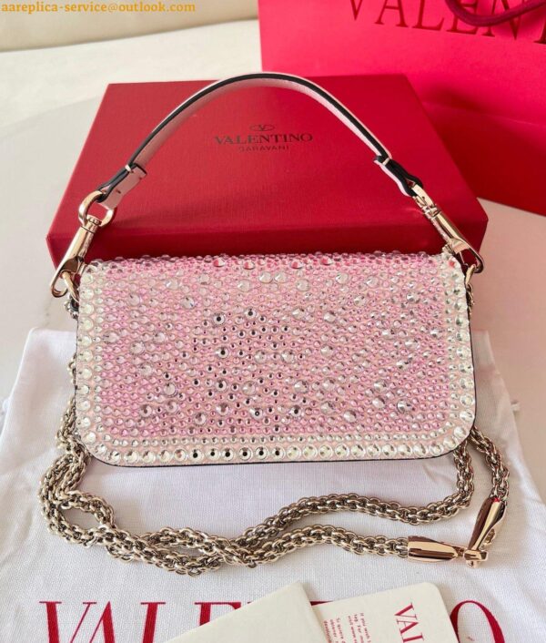 Replica Valentino Small Loco Shoulder Pink Bag with Rhinestone Applique 11