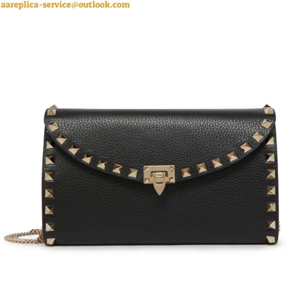 Replica Valentino Rockstud Wallet with Chain in Black Grained Leather 4