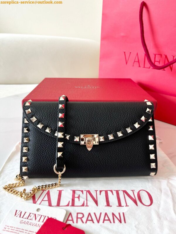 Replica Valentino Rockstud Wallet with Chain in Black Grained Leather 10