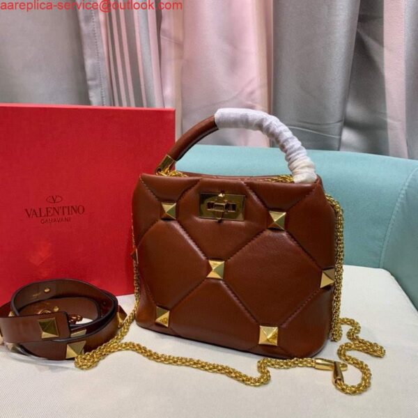 Replica Valentino 0097S Small Roman Stud The Handle Bag In Nappa Brown 3