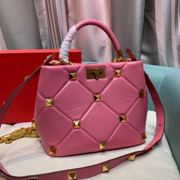 Replica Valentino 2021 Roman Stud The Handle Bag In Nappa 0097L Pink 3