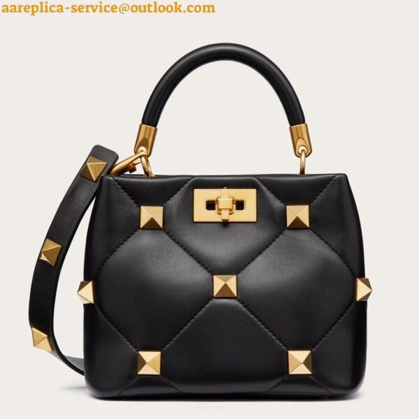 Replica Valentino Roman Stud Mini Handle Bag In Black Nappa Leather 3