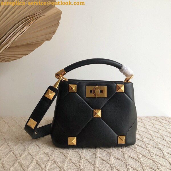 Replica Valentino Roman Stud Mini Handle Bag In Black Nappa Leather 5