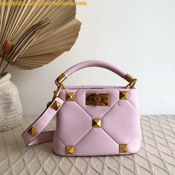 Replica Valentino Roman Stud Mini Handle Bag In Pink Nappa Leather 5