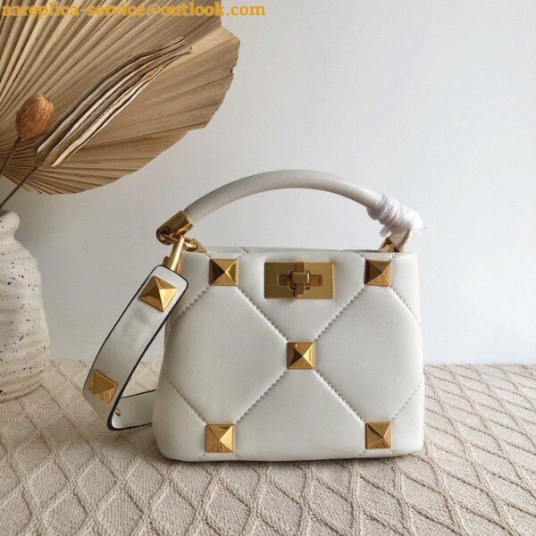 Replica Valentino Roman Stud Mini Handle Bag In White Nappa Leather 5