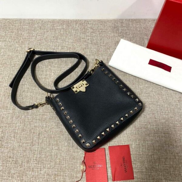 Replica Valentino 2B0C17V Mini Rockstud Grainy Calfskin Hobo Bag 50029 Black 3