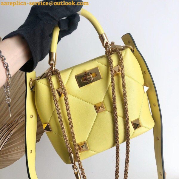 Replica Valentino Roman Stud Small Handle Bag In Yellow Nappa Leather 3