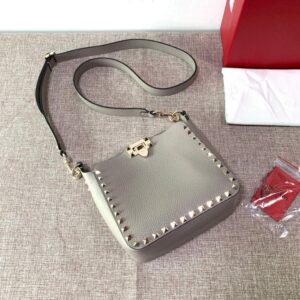 Replica Valentino 2B0C17V Mini Rockstud Grainy Calfskin Hobo Bag 50029 Gray