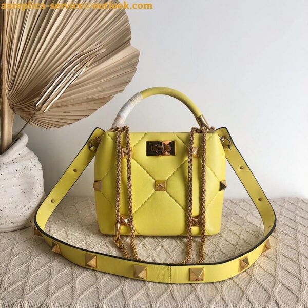 Replica Valentino Roman Stud Small Handle Bag In Yellow Nappa Leather 10