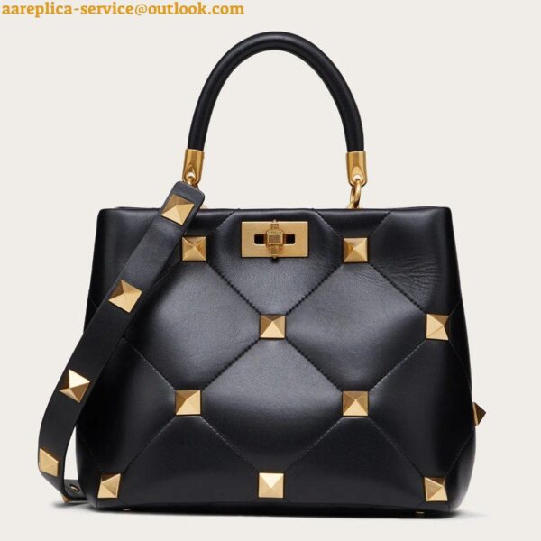 Replica Valentino Roman Stud Top Handle Bag In Black Nappa Leather