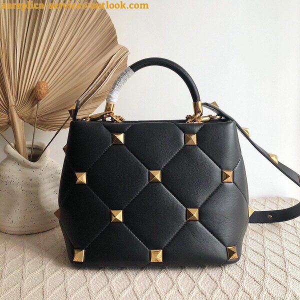 Replica Valentino Roman Stud Top Handle Bag In Black Nappa Leather 5