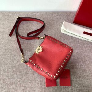 Replica Valentino 2B0C17V Mini Rockstud Grainy Calfskin Hobo Bag 50029 Red