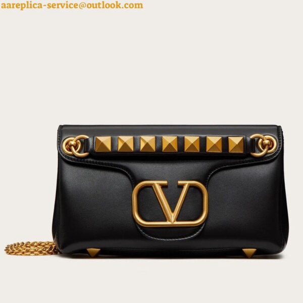 Replica Valentino Stud Sign Shoulder Bag In Black Nappa Leather 3