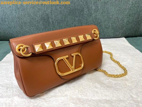 Replica Valentino Stud Sign Shoulder Bag In Brown Nappa Leather 5