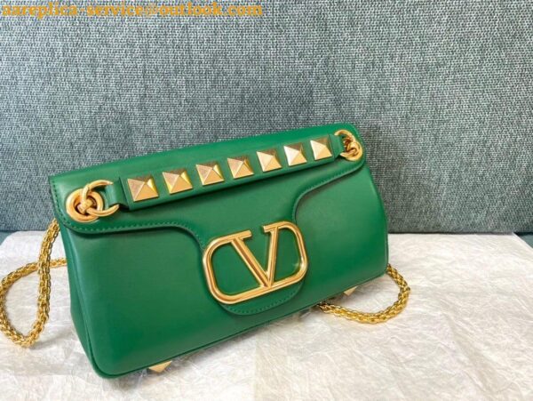 Replica Valentino Stud Sign Shoulder Bag In Green Nappa Leather 9