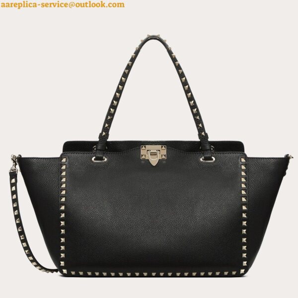 Replica Valentino Rockstud Medium Tote In Black Grained Leather 4