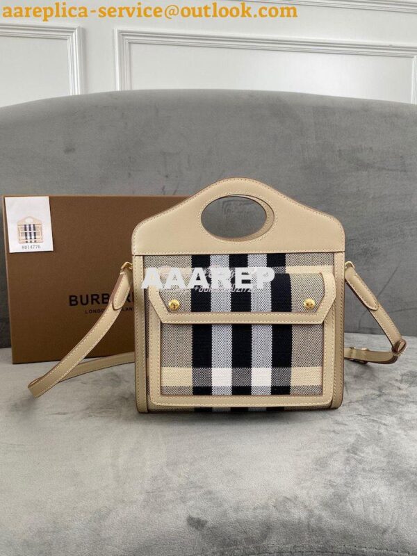 Replica Burberry Mini Check Cotton and Leather Pocket Bag Beige 802806 3