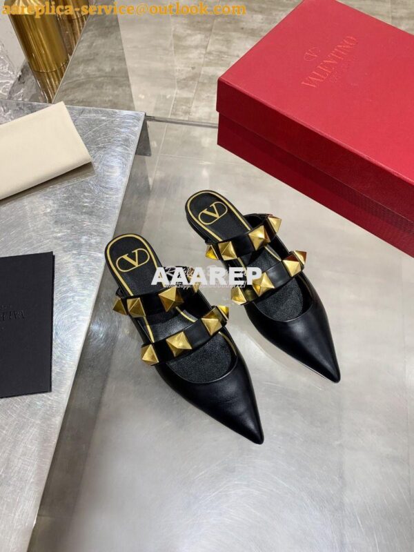 Replica Valentino Roman Stud Flat Mule In Calfskin VW2S0BK8 Black 3