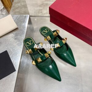 Replica Valentino Roman Stud Flat Mule In Calfskin VW2S0BK8 Green