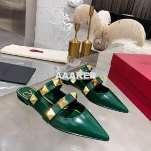 Replica Valentino Roman Stud Flat Mule In Calfskin VW2S0BK8 Green 2