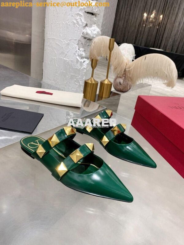 Replica Valentino Roman Stud Flat Mule In Calfskin VW2S0BK8 Green 4