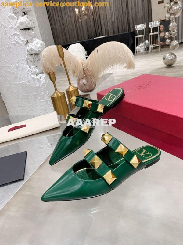 Replica Valentino Roman Stud Flat Mule In Calfskin VW2S0BK8 Green 7