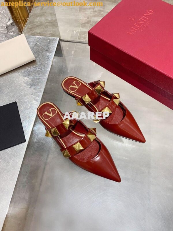 Replica Valentino Roman Stud Flat Mule In Calfskin VW2S0BK8 Red 3