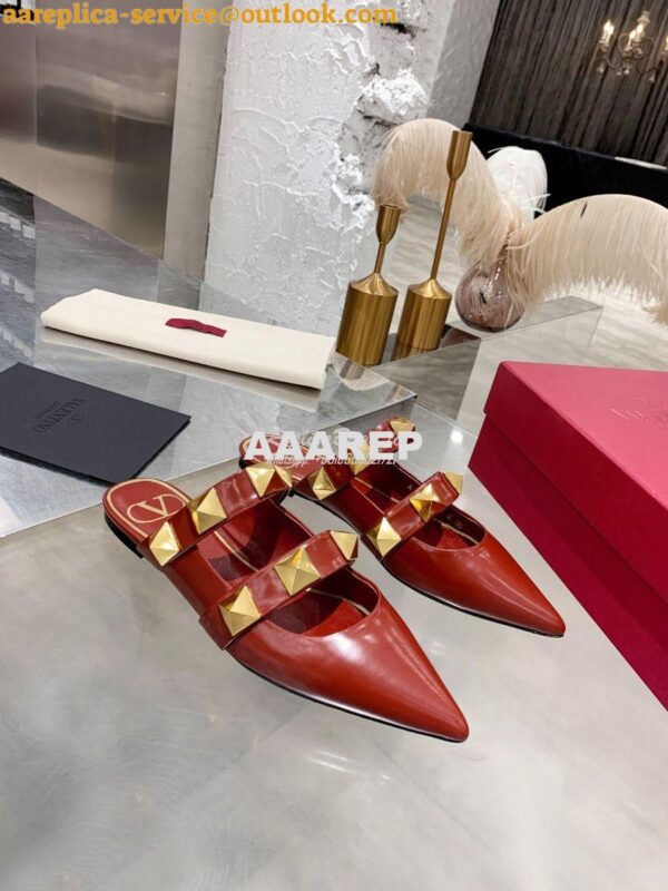 Replica Valentino Roman Stud Flat Mule In Calfskin VW2S0BK8 Red 6