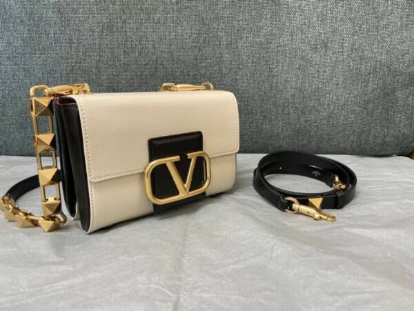 Replica Valentino XW2B0J96 Stud Sign Grainy Calfskin Shoulder Bag Beige and Black