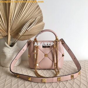 Replica Valentino Small Roman Stud The Handle Bag In Nappa BSF098 Rose 2