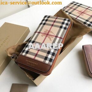 Replica Burberry Leather Trim Haymarket Zip Around Wallet 887038 Brown 2