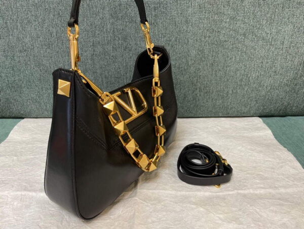 Replica Valentino V0570 Stud Sign Grainy Calfskin Hobo Bag Black 3