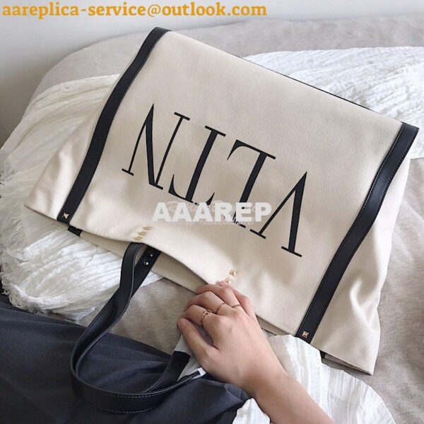 Replica Valentino VLTN Ivory Canvas Shopping Bag 2B0C89 Black 11