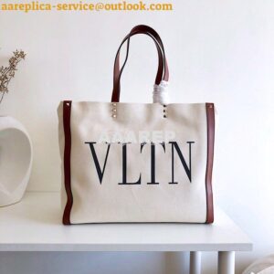 Replica Valentino VLTN Ivory Canvas Shopping Bag 2B0C89 Burgundy Brown