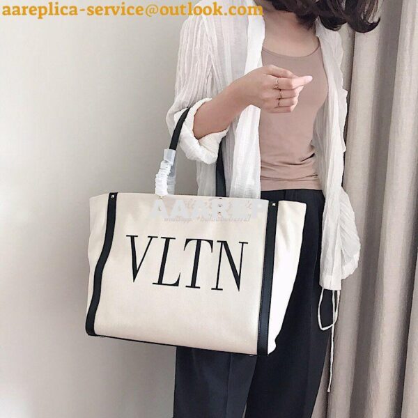 Replica Valentino VLTN Ivory Canvas Shopping Bag 2B0C89 Black 12