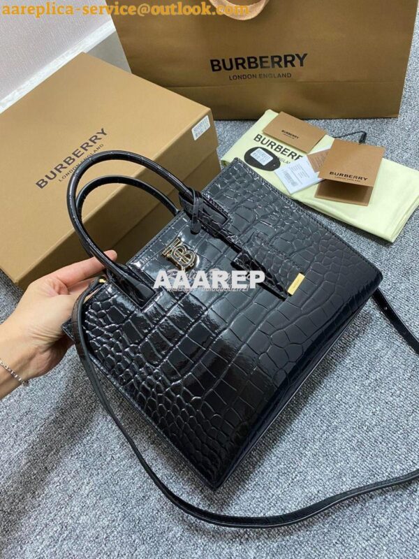 Replica Burberry Frances Mini Croc Effect Leather Tote Bag in black 4