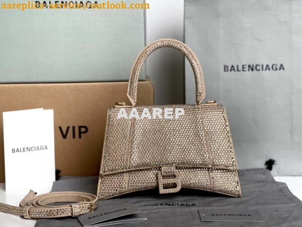 Replica Balenciaga 59283328 Hourglass Top Handle in Apricot Suede Calfskin with Rhinestones 3