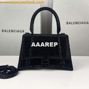 Replica Balenciaga 59283328 Hourglass Top Handle in Black Suede Calfskin with Rhinestones